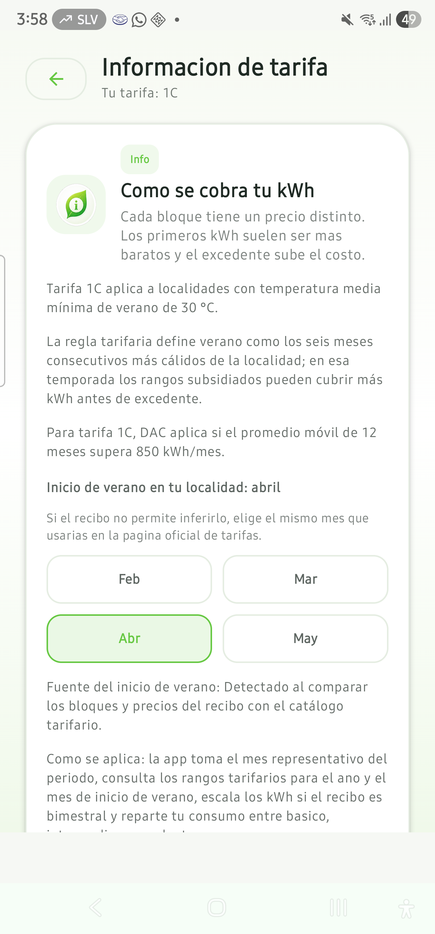 Pantalla de informacion de tarifa domestica